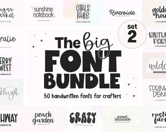 May include: A collection of 50 handwritten fonts for crafters, displayed in a grid of colorful squares. The fonts are shown in various styles, including script, sans serif, and playful. The text "The big FONT BUNDLE" is displayed in large, bold letters.