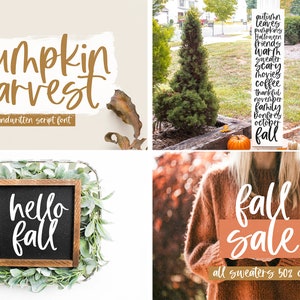 Pode incluir: Uma cole&ccedil;&atilde;o de quatro imagens com designs tem&aacute;ticos de outono. A primeira imagem mostra o texto "pumpkin harvest" em uma fonte de escrita &agrave; m&atilde;o. A segunda imagem mostra uma placa de madeira com o texto "autumn leaves pumpkins Halloween friends warmth sweater scary movies coffee thankful November family bonfires October fall". A terceira imagem mostra uma placa de quadro-negro com o texto "hello fall". A quarta imagem mostra uma pessoa vestindo um su&eacute;ter marrom segurando uma placa com o texto "fall sale all sweaters 50% off".