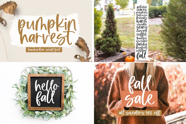 Pode incluir: Uma cole&ccedil;&atilde;o de quatro imagens com designs tem&aacute;ticos de outono. A primeira imagem mostra o texto "pumpkin harvest" em uma fonte de escrita &agrave; m&atilde;o. A segunda imagem mostra uma placa de madeira com o texto "autumn leaves pumpkins Halloween friends warmth sweater scary movies coffee thankful November family bonfires October fall". A terceira imagem mostra uma placa de quadro-negro com o texto "hello fall". A quarta imagem mostra uma pessoa vestindo um su&eacute;ter marrom segurando uma placa com o texto "fall sale all sweaters 50% off".