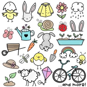 May include: A collection of colorful spring-themed illustrations, including a bunny rabbit, a chick, a snail, a ladybug, a rainbow, a flower, a watering can, a wheelbarrow, a carrot, a dragonfly, a bee, a kite, a bicycle, a sheep, a hat, a cloud, and a rain cloud. The text "...and more!" is at the bottom of the image.
