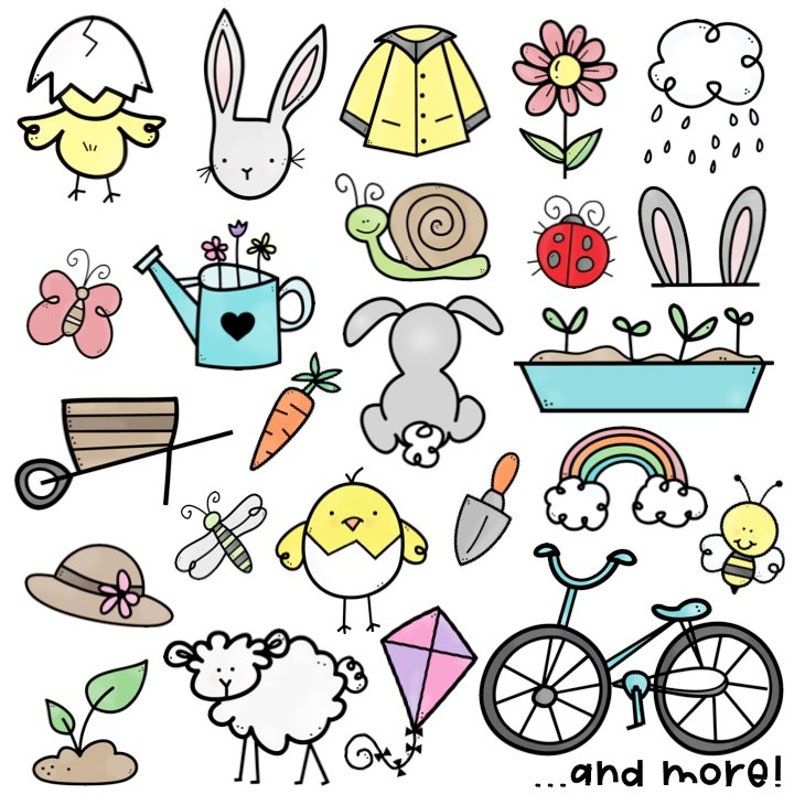 May include: A collection of colorful spring-themed illustrations, including a bunny rabbit, a chick, a snail, a ladybug, a rainbow, a flower, a watering can, a wheelbarrow, a carrot, a dragonfly, a bee, a kite, a bicycle, a sheep, a hat, a cloud, and a rain cloud. The text "...and more!" is at the bottom of the image.
