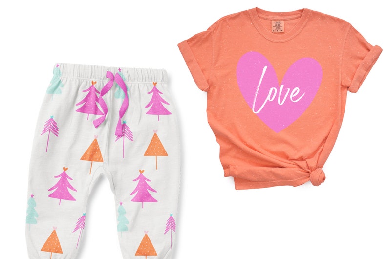 May include: A two-piece pajama set for children featuring a pink heart with the word "Love" on a coral t-shirt and white pants with a pink, orange, and blue tree pattern.