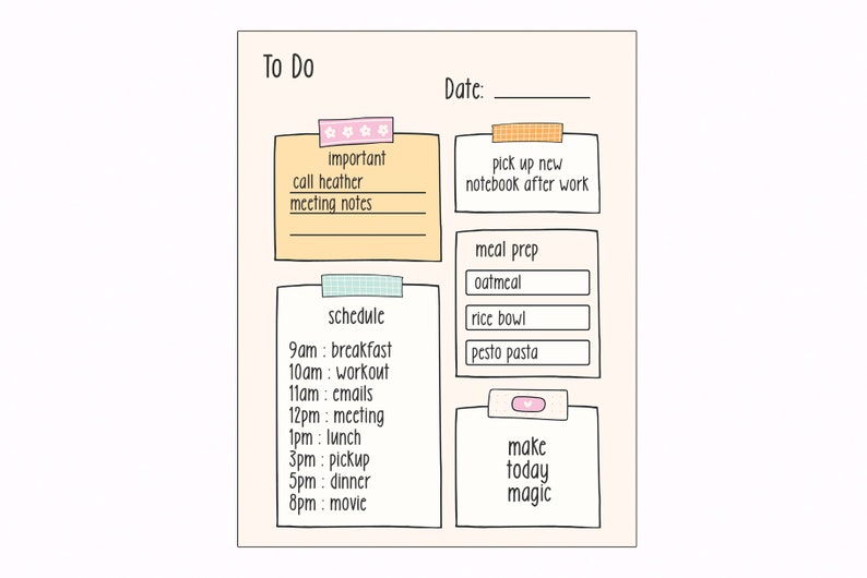 K&ouml;nnte beinhalten: Eine To-Do-Liste mit einem Zeitplan, wichtigen Aufgaben, der Vorbereitung von Mahlzeiten und einer Erinnerung, um heute Magie zu machen. Die Liste ist auf einem hellbeigen Hintergrund mit bunten Haftnotizen geschrieben.