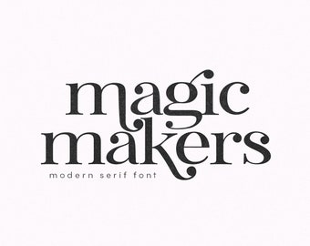 May include: A black and white graphic design featuring the text "magic makers" in a modern serif font.