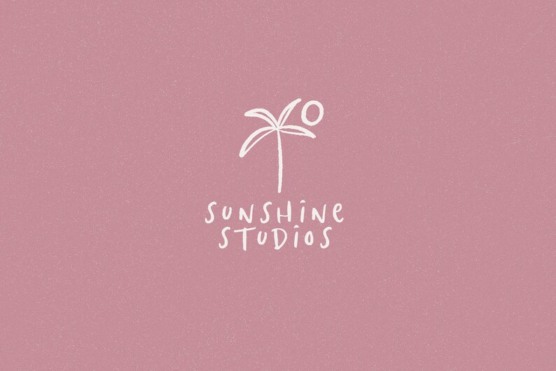 May include: A white palm tree with a white sun above it on a pink background. The text "Sunshine Studios" is below the palm tree.
