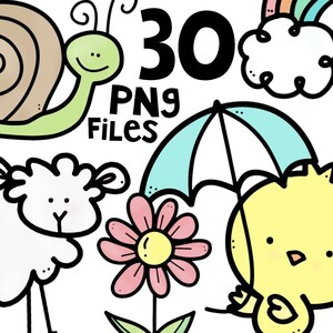 May include: A set of 30 spring-themed clip art images. The images include a snail, a sheep, a flower, a chick, an umbrella, a cloud, and a rainbow. The images are in a cartoon style and are perfect for use in classroom activities, crafts, or digital projects.