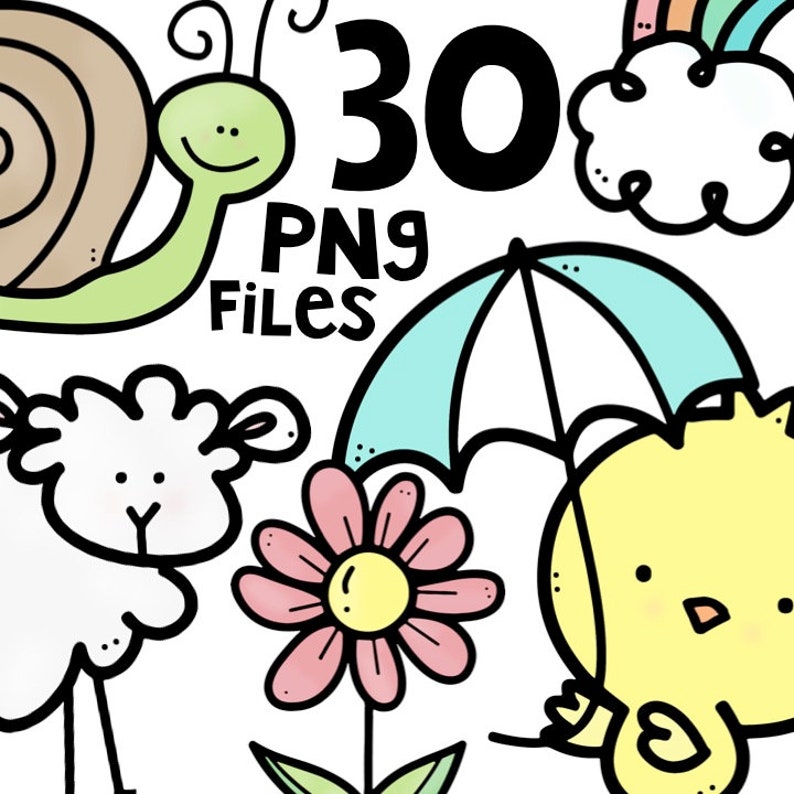 May include: A set of 30 spring-themed clip art images. The images include a snail, a sheep, a flower, a chick, an umbrella, a cloud, and a rainbow. The images are in a cartoon style and are perfect for use in classroom activities, crafts, or digital projects.