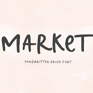 May include: Handwritten brush font design with the word "MARKET" in black on a light pink background.