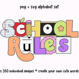 Conjunto de alfabeto de clips escolares, letras retro PNG, letras retro SVG, clip art del alfabeto, clip art retro, alfabeto de sublimación, regreso a la escuela