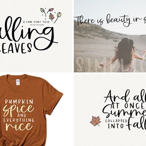 Peut inclure: Quatre designs diff&eacute;rents mettant en sc&egrave;ne du texte et des illustrations sur le th&egrave;me de l'automne. Le premier design dit "falling leaves" avec une police de caract&egrave;res fantaisiste et de petites illustrations de feuilles. Le deuxi&egrave;me design dit "There is beauty in simplicity" avec une police d'&eacute;criture manuscrite. Le troisi&egrave;me design dit "Pumpkin spice and everything nice" sur un t-shirt marron. Le quatri&egrave;me design dit "And all at once summer collapsed into fall" avec une police d'&eacute;criture manuscrite et de petites illustrations de feuilles.