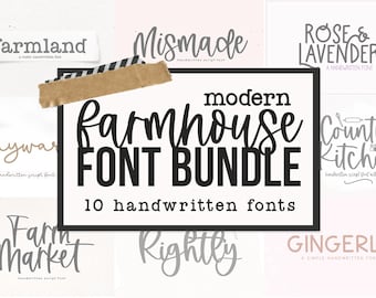 May include: A collage of 10 handwritten fonts in a farmhouse style. The fonts are displayed in a variety of colors and styles, including script, sans serif, and serif. The text reads "modern farmhouse font bundle 10 handwritten fonts".