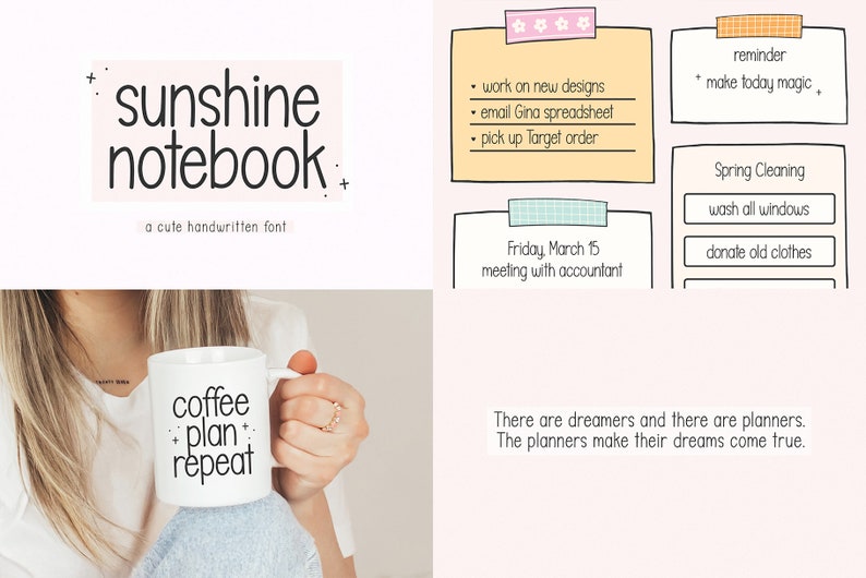以下が含まれることがあります： 「sunshine notebook」という手書きフォントのデジタルダウンロードです。このフォントは、「coffee plan repeat」というテキストが書かれた白いマグカップと、「work on new designs」、「email Gina spreadsheet」、「pick up Target order」というテキストが書かれた黄色の付箋に表示されています。