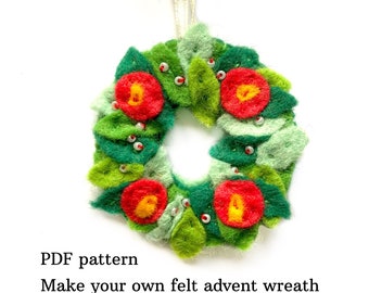 PDF PATTERN felt advent wreath, mini felt ornament, instant download detailed pattern and tutorial, crafting project for the holidays