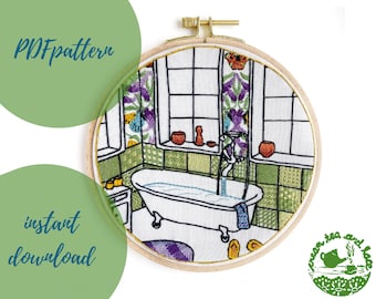 PDF PATTERN bathroom embroidery, interior design modern hoop art, craft project, hand embroidery tutorial and detailed instructions