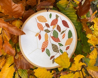 Autumn leaves embroidery kit, modern hoop art, craft project, woven stitches embroidery design, fall hand embroidery pattern, leaf stitch