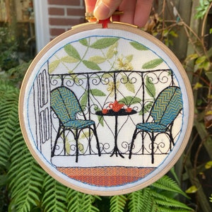 Balcony embroidery kit, interior design modern hoop art, craft project, craft kit for makers, romantic needlepoint, mindful stitching