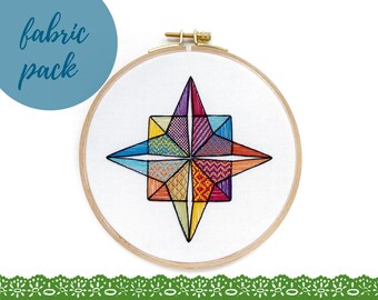 hand embroidery design, modern embroidery pre-printed fabric panel, beginner embroidery kit, DIY hoop art, colourful rainbow woven star