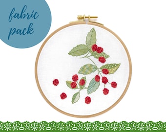 pre-printed cotton fabric pack embroidery pattern, summer raspberry botanical embroidery modern hoop art, crewel hand embroidery