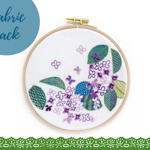 pre-printed cotton fabric pack embroidery pattern, lilac spring flowers, botanical embroidery modern hoop art, floral crewel hand embroidery