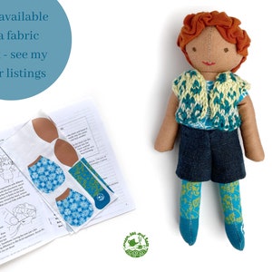 Fabric doll sewing kit, red hair and brown skin, bold colourful organic cotton fabric panel, unique designs, sew your own doll, craft kit image 9