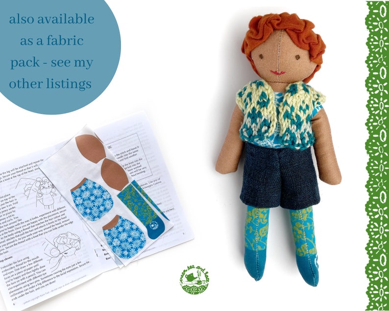 Fabric doll sewing kit, red hair and brown skin, bold colourful organic cotton fabric panel, unique designs, sew your own doll, craft kit image 9