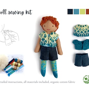 Fabric doll sewing kit, red hair and brown skin, bold colourful organic cotton fabric panel, unique designs, sew your own doll, craft kit image 1