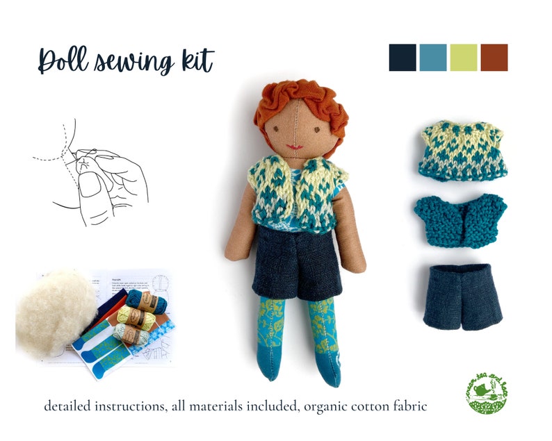 Fabric doll sewing kit, red hair and brown skin, bold colourful organic cotton fabric panel, unique designs, sew your own doll, craft kit image 1