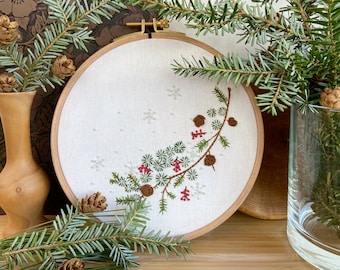 Christmas wreath winter pine embroidery kit, botanical stitching modern hoop art, craft project, craft kit for makers