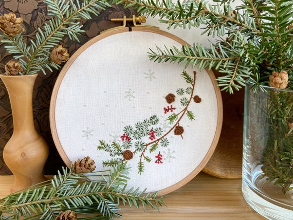 Hand Embroidered Wood Ornament Kit - Pine Branch - Stitched Modern