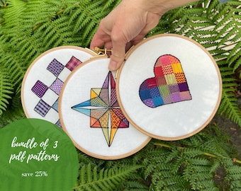 PDF MUSTER BUNDLE, 3 moderne bunte Stickmuster, 25% Rabatt, DIY-Projekt, Handstickerei Designs mit ausführlicher Anleitung
