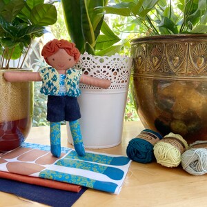 Fabric doll sewing kit, red hair and brown skin, bold colourful organic cotton fabric panel, unique designs, sew your own doll, craft kit image 2