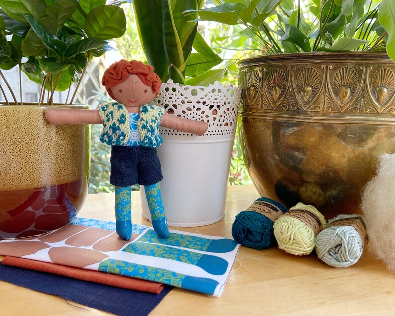 Fabric doll sewing kit, red hair and brown skin, bold colourful organic cotton fabric panel, unique designs, sew your own doll, craft kit image 2