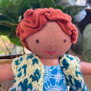 Fabric doll sewing kit, red hair and brown skin, bold colourful organic cotton fabric panel, unique designs, sew your own doll, craft kit image 10