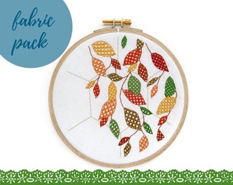 pre-printed cotton fabric pack embroidery pattern, modern embroidery kit, autumn leaves, golden fall embroidery