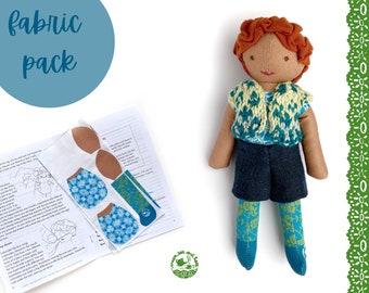 fabric pack and instruction booklet for doll making, cut and sew doll, craft kit for makers, pre-printed organic cotton for doll sewing