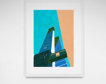 May include: A digital illustration of two tall buildings against a blue and orange sky. The buildings are rendered in a flat, geometric style, with sharp angles and clean lines. The illustration is a modern and abstract interpretation of urban architecture.