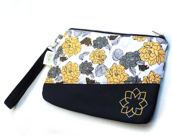 Hand Embroidered Clutch Purse - Yellow and Gray Floral