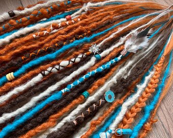 Ginger Brown Blue Synthetic Dreadlock Extensions: Crochet Braids Full Set
