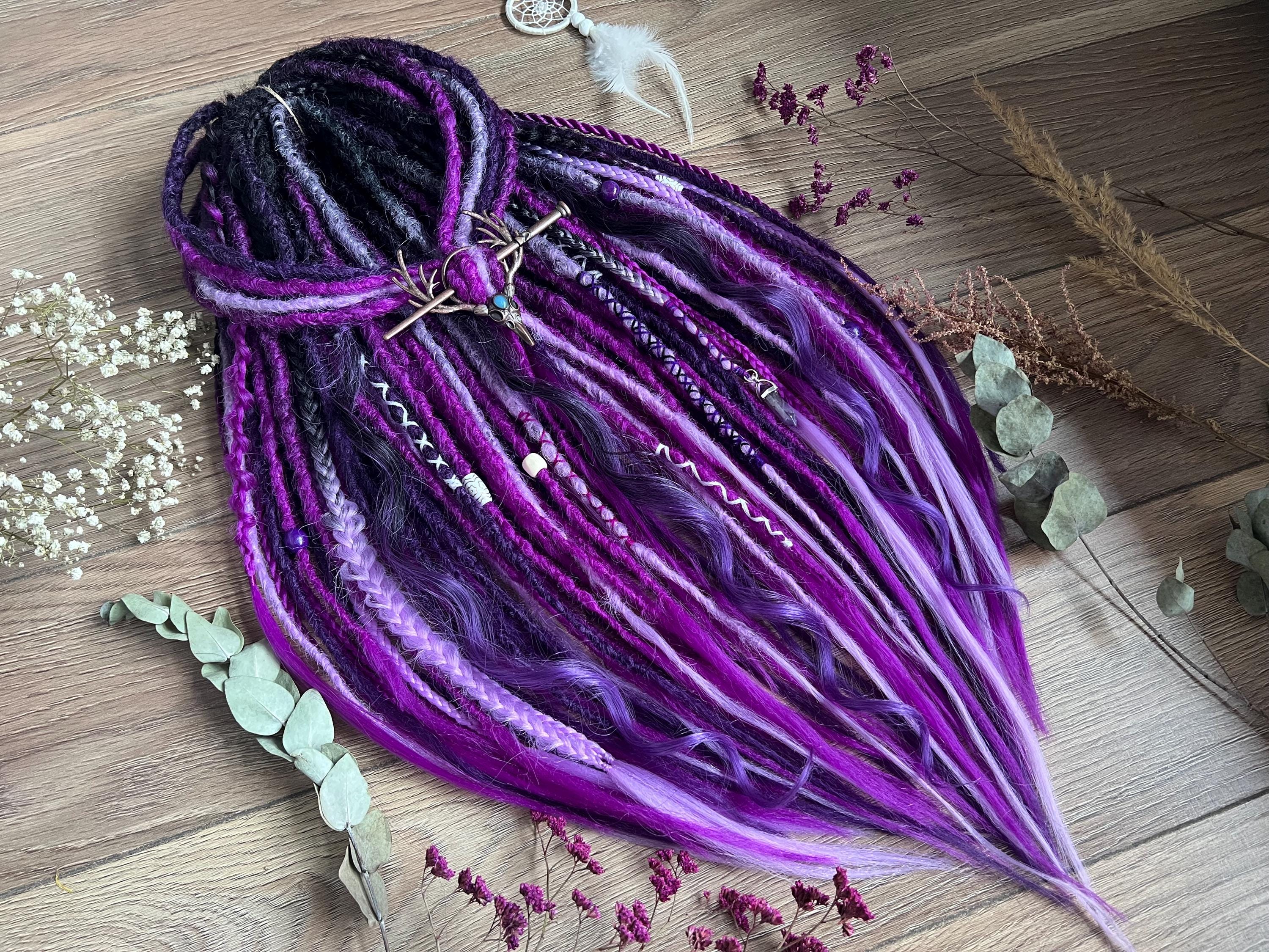 Handmade thick crochet black purple ombre dreads Black & ombre to Purple WITCH decorated set of dreads with  main image 4
