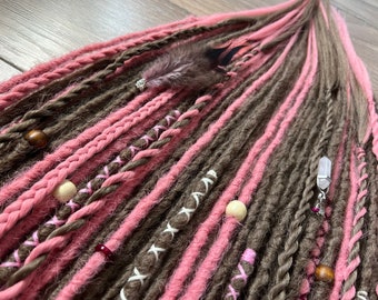 Brown & Pink Synthetic Dreadlock Extensions: Boho Crochet Dreads Full Set