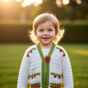 May include: A smiling child wearing a white crocheted cardigan with green trim and red strawberry accents. The cardigan has a single red strawberry button. The background is a green lawn with sunlight.