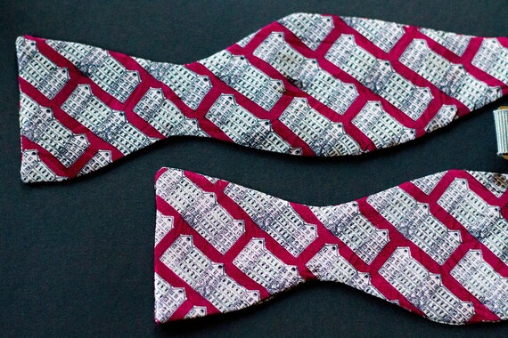 Vintage Red Silk Bow Tie With Grey Houses/Building