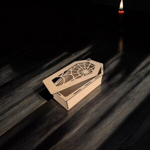 Large Wooden Coffin Box, Goth & Occult Storage Case Halloween Keepsake Organizer, Unique Coffin Trinket Box for Jewelry, Doll Box Spider Web