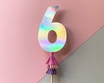 Personalised Birthday Party Cake Topper, Pink Age Birthday Cake Decorations, Girl's Birthday Decor, Holographic Pink Age & Tassel Topper