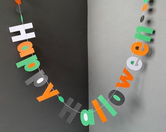 Happy Halloween Party Banner. Halloween Paper Garland Decorations in Orange, Black, White & Green. Halloween Party Decor. .