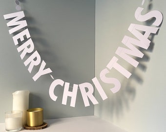 Contemporary White Christmas Garland, White Merry Christmas Banner, Modern Christmas Décor, Happy Holiday Fireplace Decorations.