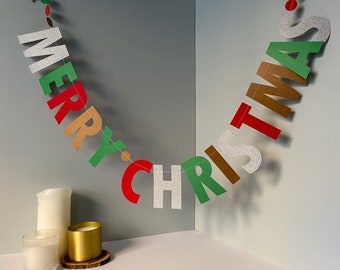 Merry Christmas Garland, Traditional Festive Fireplace Banner, Scandi Inspired Holiday Decor, Silver Glitter Christmas Banner.