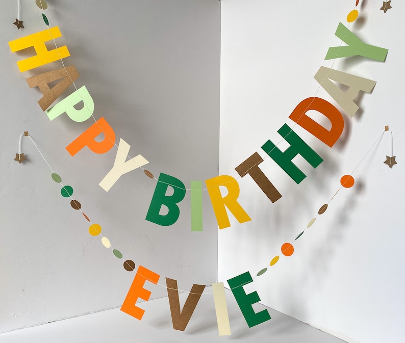 May include: A colorful paper banner with the words "Happy Birthday Evie" in green, yellow, orange, brown, and white. The banner is decorated with small circles in various colors.