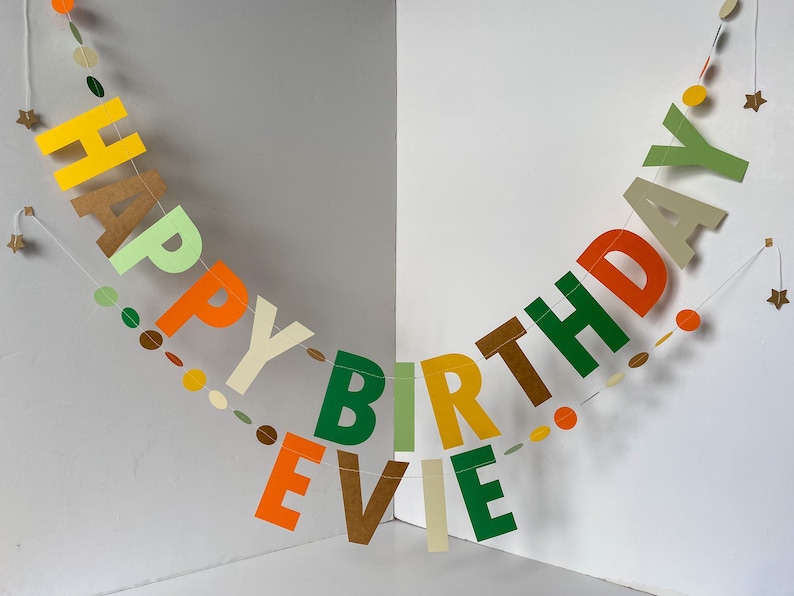 May include: A colorful paper banner with the words "Happy Birthday Evie" in green, orange, yellow, brown, and cream. The banner is decorated with small circles in various colors.