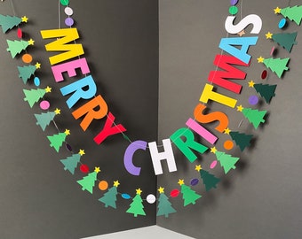 Merry Christmas Colourful Garland | Non-Traditional Bright Coloured Festive Paper Banner | Photoshoot & Xmas Party Decor